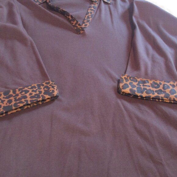 Catherines Shirt 1X Brown Leopard Animal Print Trim Long Sleeve Top - Picture 5 of 8